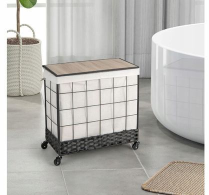 Корзина для белья Costway 130 л с крышкой, 2 секции, на колесах, чёрная
