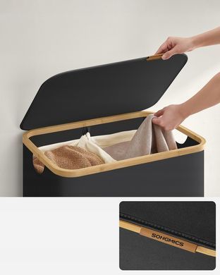 Черная корзина для белья из ткани Оксфорд с крышкой, 2 отделения*65 л