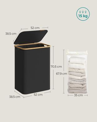 Черная корзина для белья из ткани Оксфорд с крышкой, 2 отделения*65 л