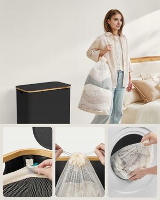 Черная корзина для белья из ткани Оксфорд с крышкой, 2 отделения*65 л