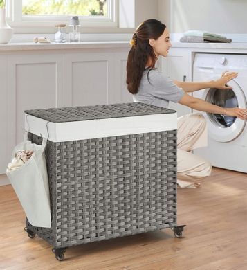 Корзина для белья 140 л с крышкой, 3 секции, на колесах, серая